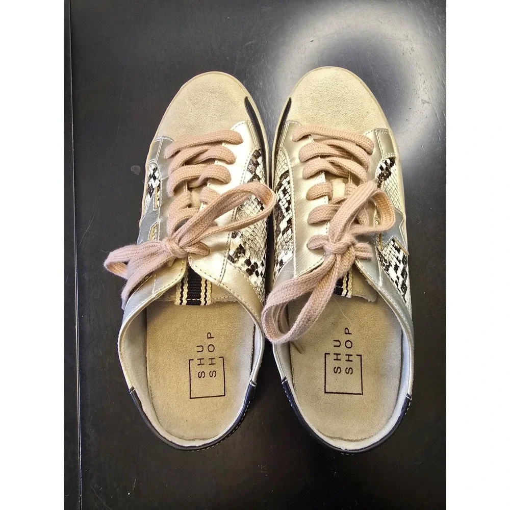 SHU SHOP PHILIPPA Snakeskin Lace‎ Up Sneakers Beige Gold Black White Size 7